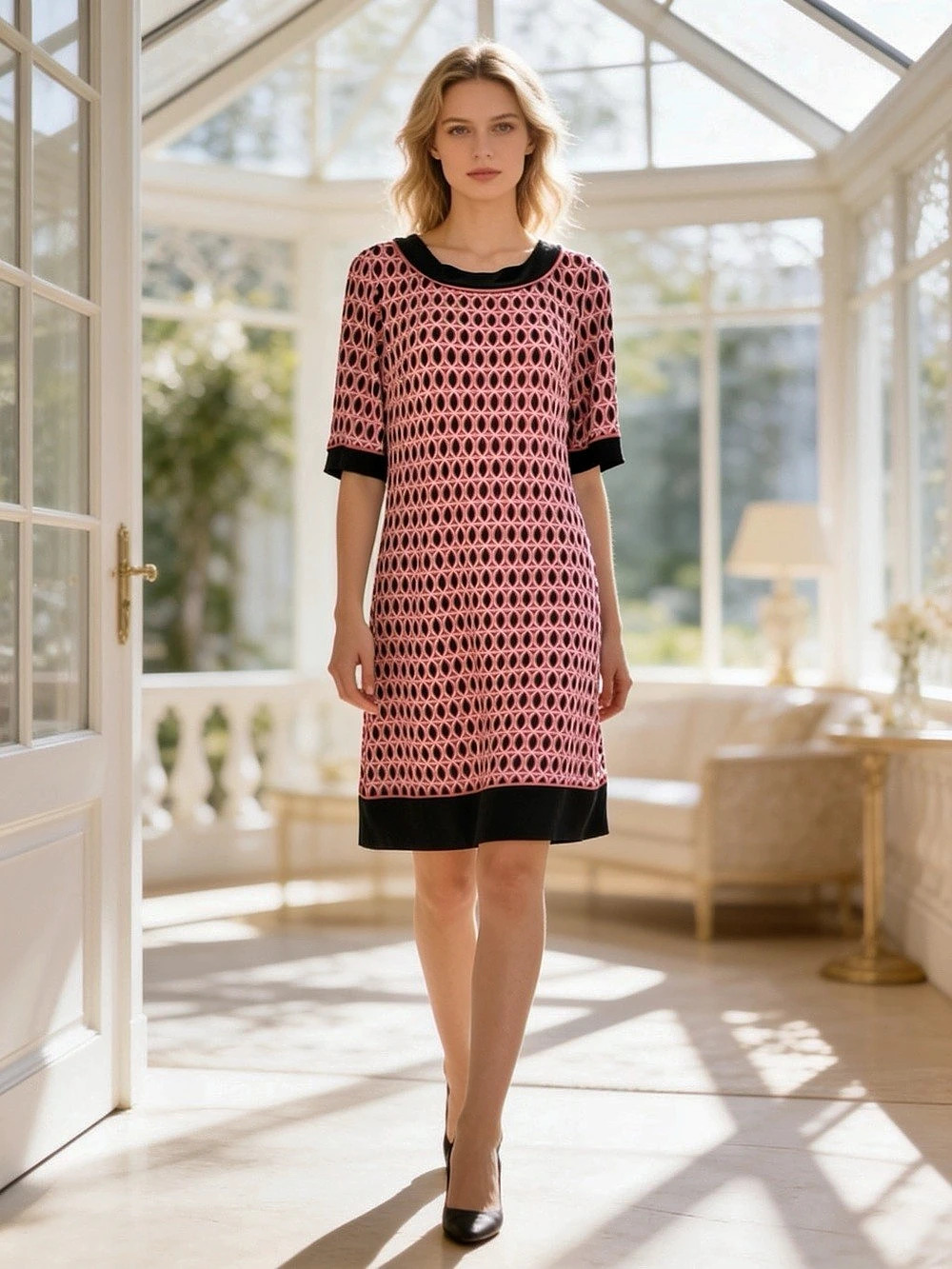 R&K Originals Geometric Shift Midi Dress Pink & Black Small Like New